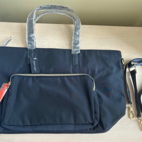 New Estée Lauder Navy Zippered Tote Bag & Red and Pink Interior Bag 2 Piece Set - Picture 6 of 6
